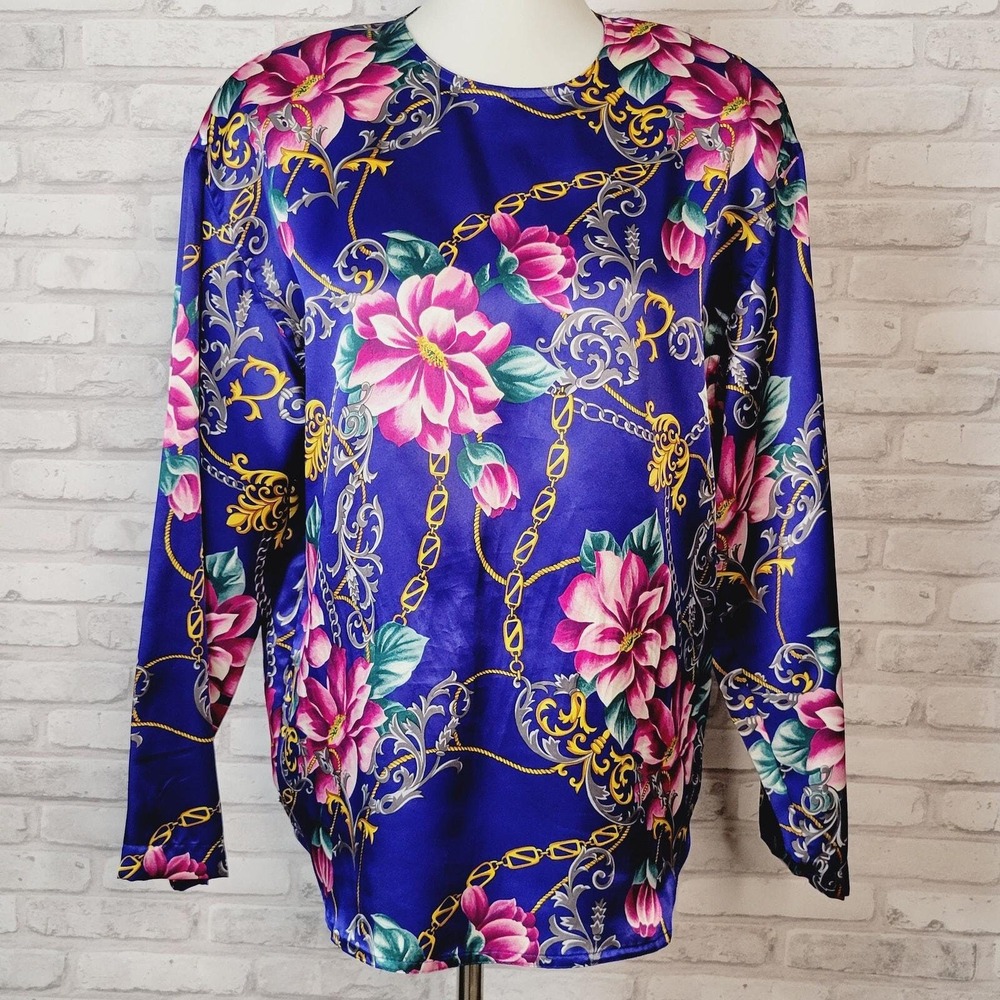 Vintage‎ 80s Liz Claiborne Silky Polyester Top Sz 12 Equestrian Floral Mobwife